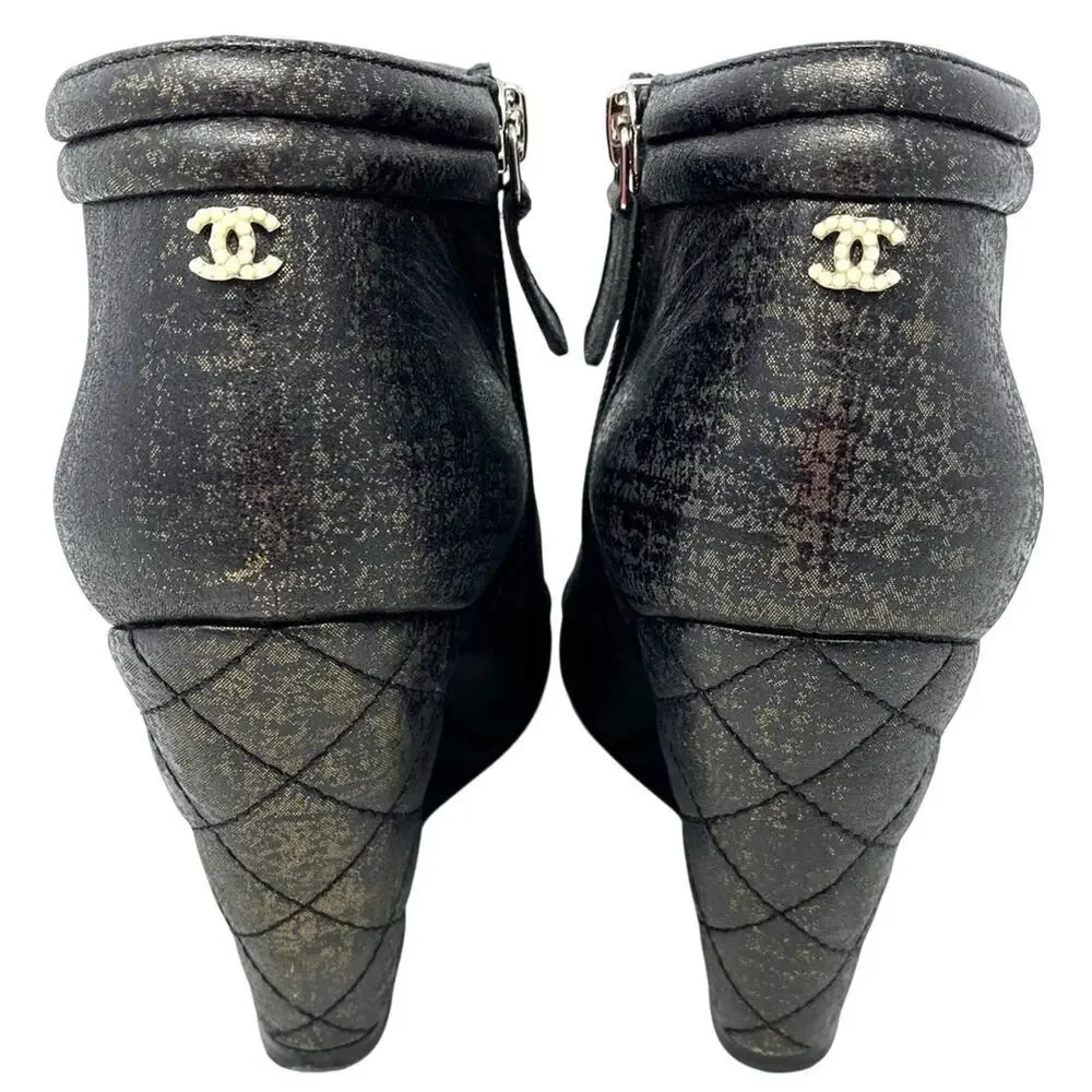 Chanel CC Logo Gold Black Leather Peep Toe Wedge Booties Size 38.5 w box